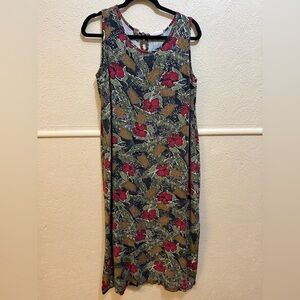 Marsh Landing Vintage 90s Hawaiian Print Cotton Midi Dress Large Side Slits